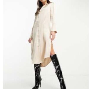 Cream Button-Up Long Shirt Dress